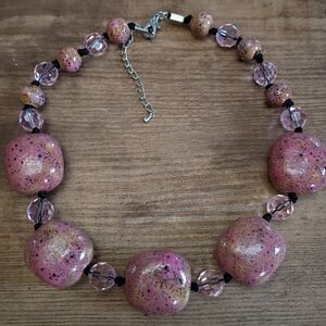 Handmade Pink Ceramic Stone And Beaded Necklace